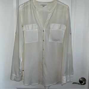 Calvin Klein Off White Long Sleeve V-Neck Blouse